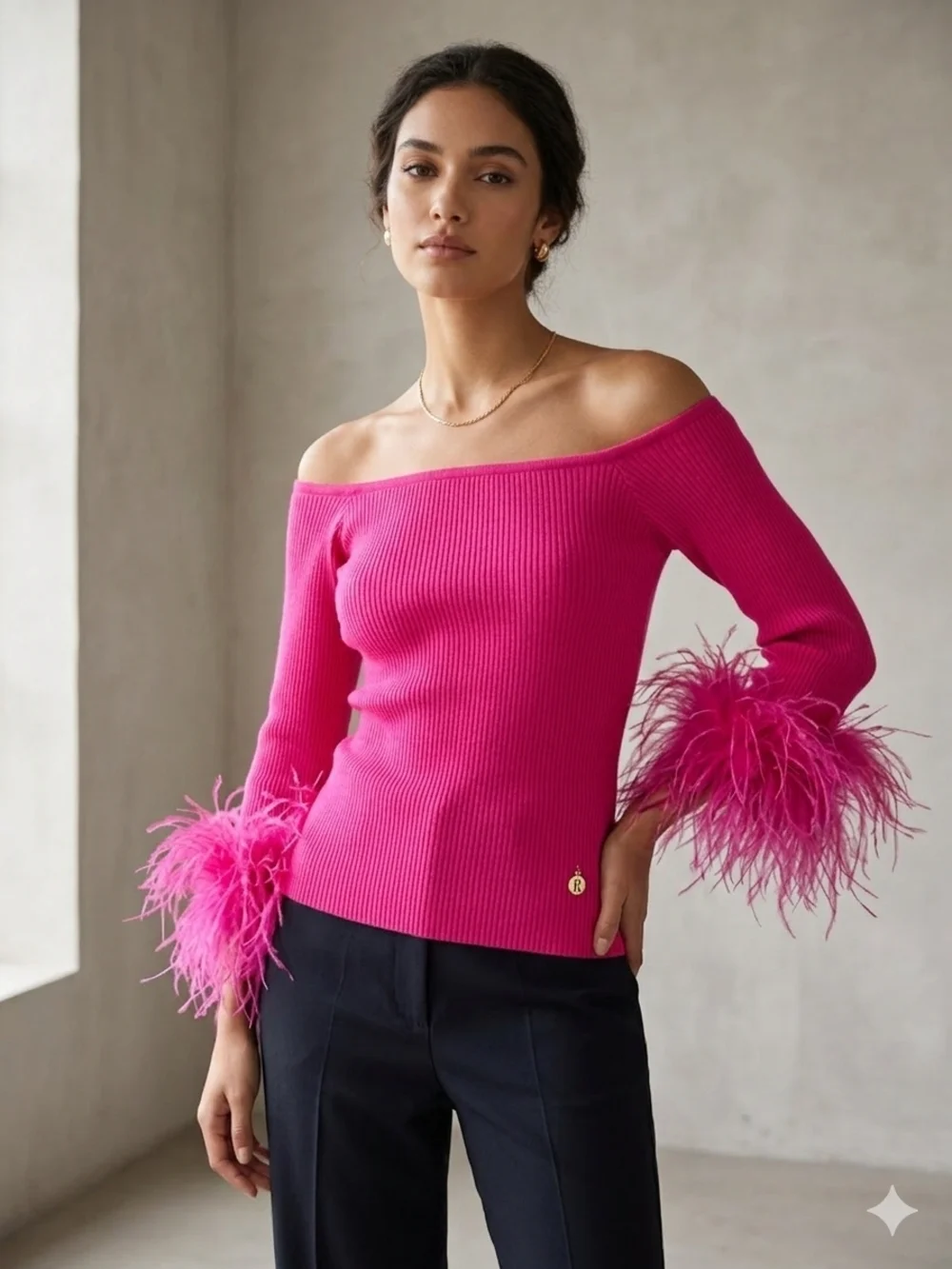 Milly Hot Pink Ribbed Feather Cuff Off-the-Shoulder Sweater EUC - Picture 1 of 13